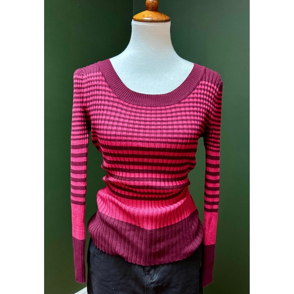 Striped Ribbed Knit Long Sleeve Scoop Neck Fitted Top - Picture 1 of 6